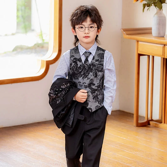 Exquisite Boys Embroidery Suit Set 4 Pieces Stage Performance Wear,Casual Notched Lapel Kids Suits For Celebration