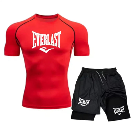 Men's Compress Shirt + 2-in-1 sports shorts 2pcs Set Leisure Breath Short Sleeve Sport Jogging Gym Brand Print Clothing