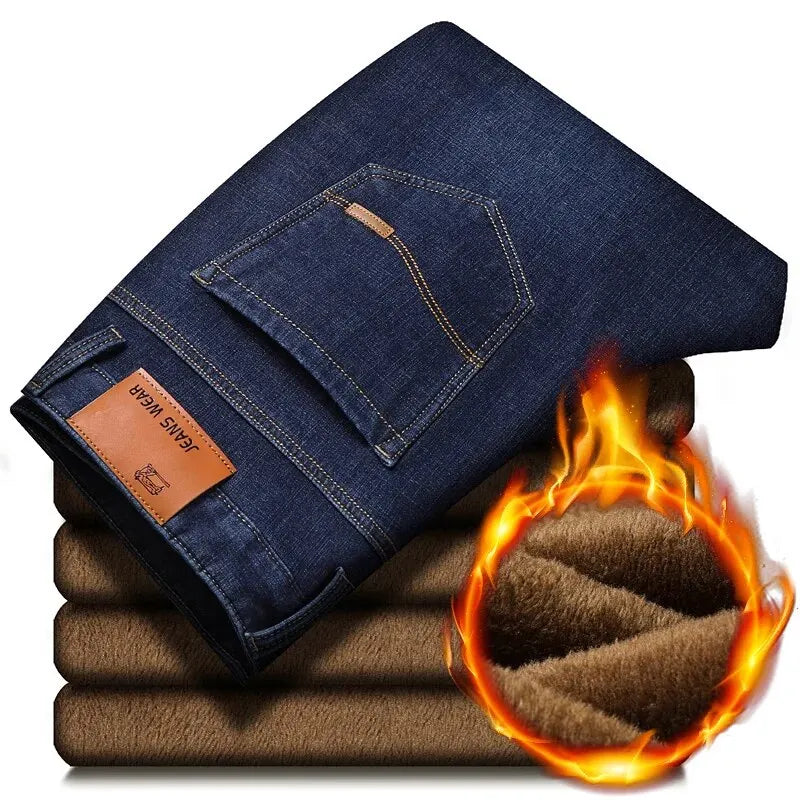 Men's Reflective Fleece-Lined Jeans - Thick Warm Lining, Durable Denim & Reflective Trim, Safe for Winter Night Commute & Casual