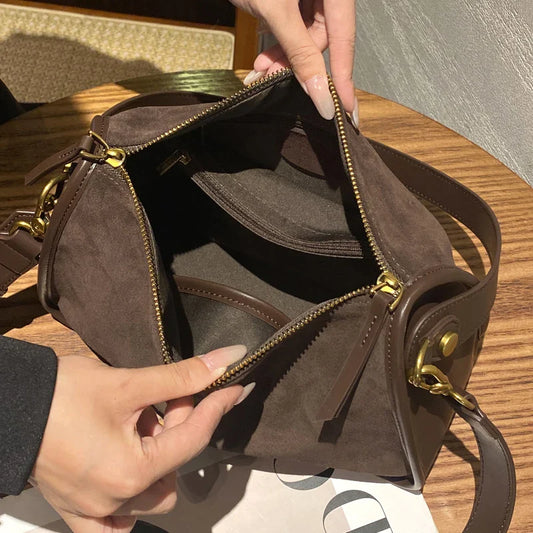 Suede Cowhide Fashion Ladies Shoulder Cross Coffe Bag Genuine Leather Luxury Designer Women's Brown Handbag Female Crossbody Bag