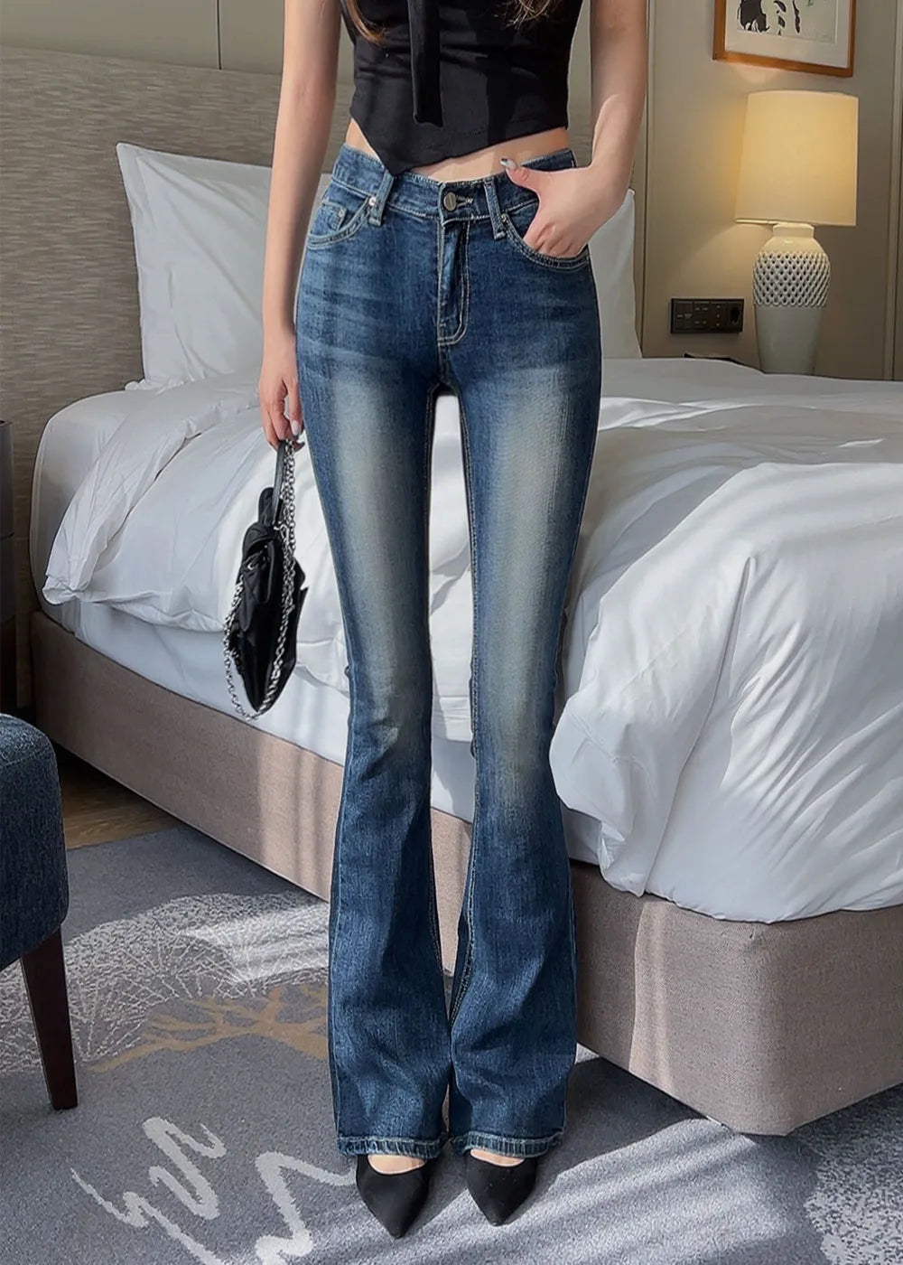 High Waist Sexy Split Denim Jeans Long Leg Lengthening Bell Bot Cotton Stretch Denim Pants for Women Spring Autumn