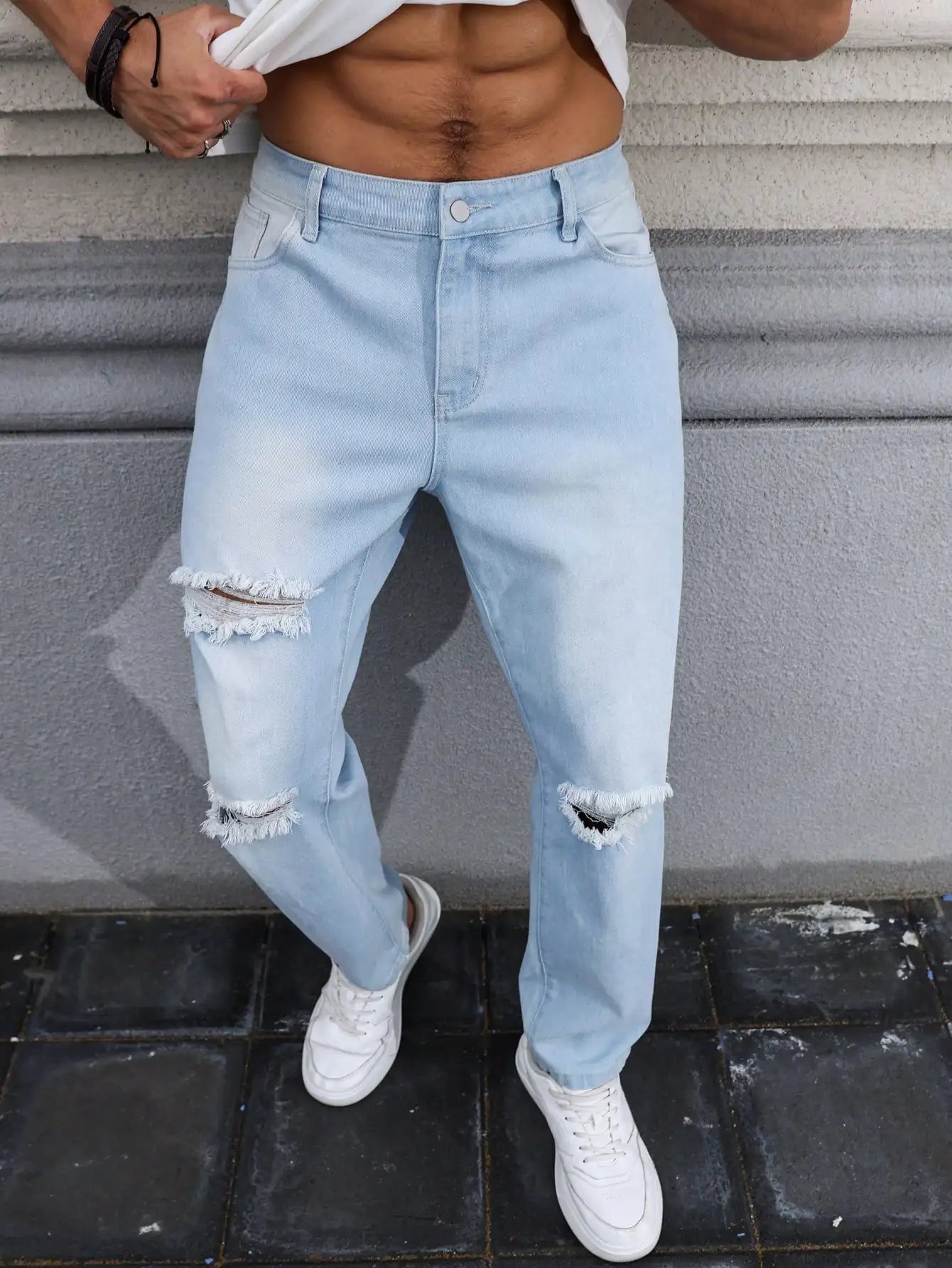 Men's Light Blue Ripped Jeans for Spring and Autumn. Casual Denim Trousers. Street Ripped Daily Casual