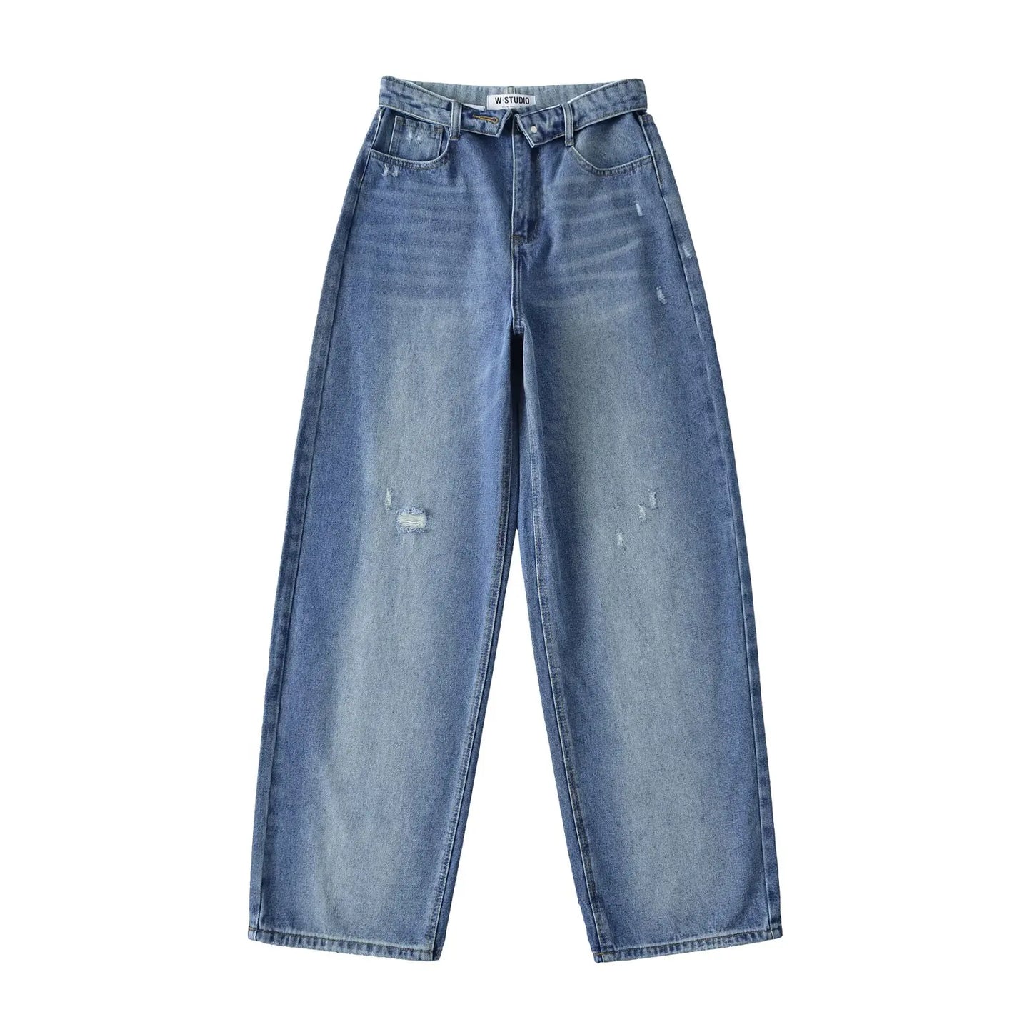 American Retro Cuffed High Waist Slimming Casual Denim Jeans Women's Autumn Versatile Loose Straight Leg Floor-Length Pants
