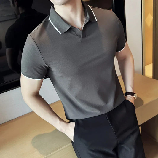Business Casual Solid Color Men's Polo Shirt, 2024 Summer Classic, Men Short Sleeve V-neck T-shirt, Slim Fit Spliced Polo 4XL-M