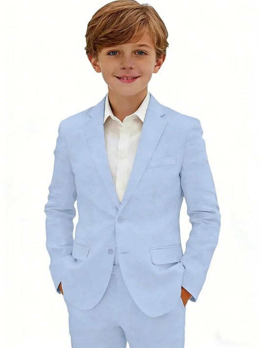 Linen Boys Notched Lapel Suits 2 Pieces Jachet Pants Beach Wedding Wear Breathable Elegant Kids Suit Set For Piano Performance