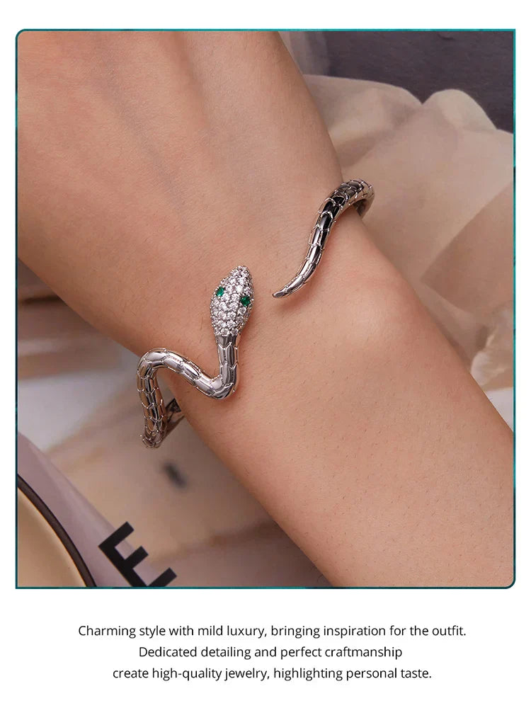 Authentic Green Zircon Snake Opening Bracelet Animal Cuff Bracelet Pave Setting CZ for Women Fashion Jewelry YIB058