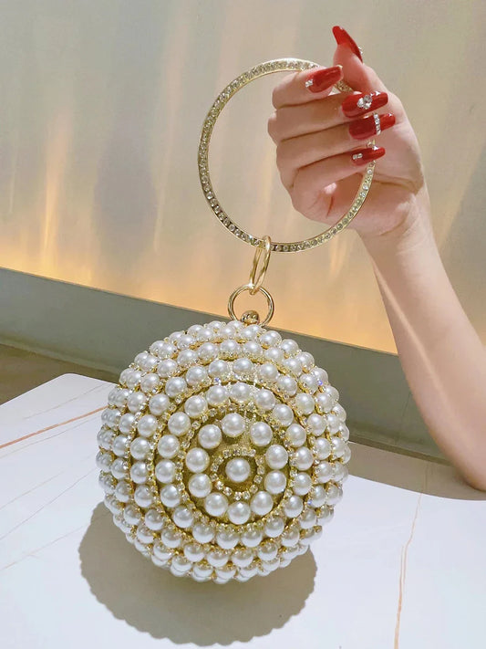 Round Pearl Clutch Purse Handbag Luxury Elegant Evening Bag Ring Handle For Women Bride Bridesmaid Wedding Party Handbag Purses