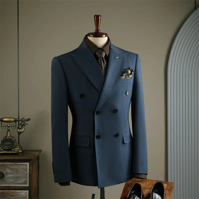 High Quality Mens Suit Formal Business Slim Fit Double-breasted Striped Suit Set Groom Wedding Dress Party Tuxedo Men's Clothing