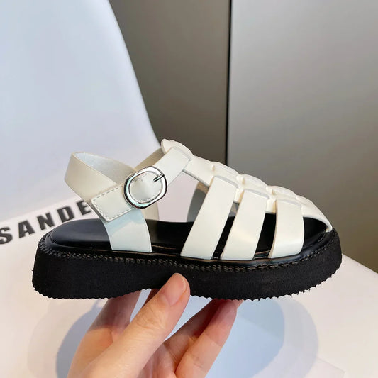 Children's Summer Sandals Girls Woven Baotou Princess Shoes Non-slip Hollow Roman Soft Sole Leather Shoes Buckle Roman Slippers