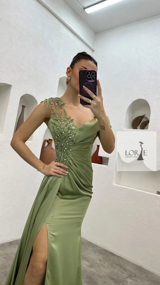 Satin Mermaid Evening Dresses Beading Lace Saudi Arabic Prom Gowns Floor Length Formal Occasion Dress 2024 Customized