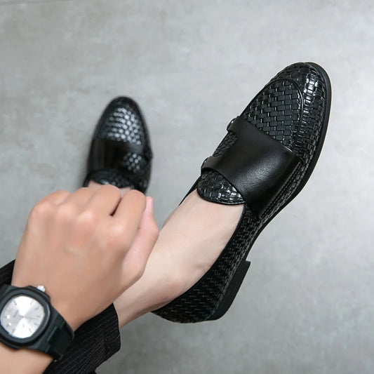 British Style Weave Pattern Microfiber Leather Monk Shoes Mens Buckle Party Wedding Loafers Moccasins Men Driving Flats