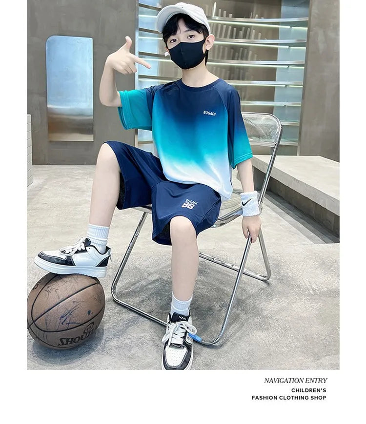 Summer Boys Gradient Quick-dry T-Shirt Top+Shorts Pant Sportswear Set School Kids 2PCS Tracksuit Children Jersey Outfit 5-16 Yr
