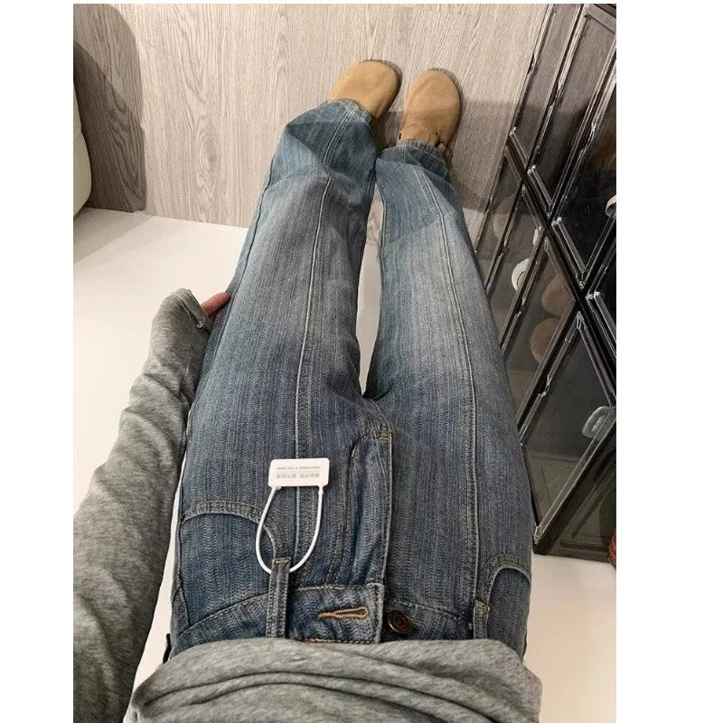 Retro Texture Wide Leg Denim Pants Loose Drapey Straight Long Trousers for Women High Waist Zipper Closure Casual Sle