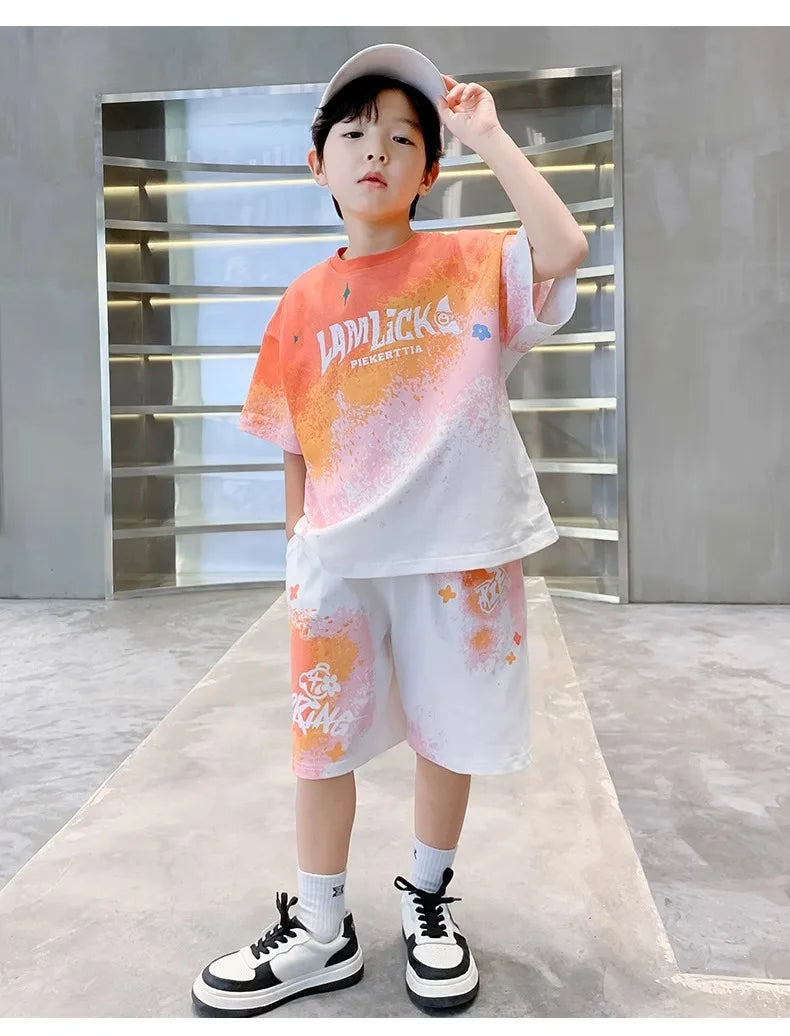Summer Boys Tie Dye Gradient Alphabet T-Shirt Tops+Shorts Pant Workout Sets School Kids 2PCS Tracksuit Children Outfits 5-16 Yr