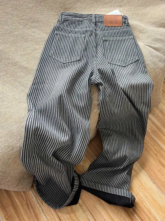 2025 Winter Women's Korean Designer Striped Velvet Denim Pants Y2K 2000s Warm Vintage Baggy Jean Japanese Harajuku Jeans New In