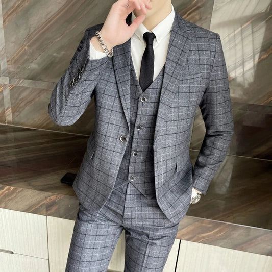 Men's High-Quality Cotton Texture Wedding Suit Set - Plaid Pattern Business Casual Three-Piece Vest Trousers Ensemble