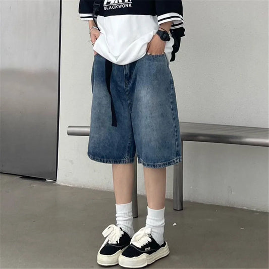 Y2K Baggy with Belt Jean Shorts Vintage Wide Leg Denim Shorts American Streetwear Casual Washed Oversize Emo Summer Denim Shorts