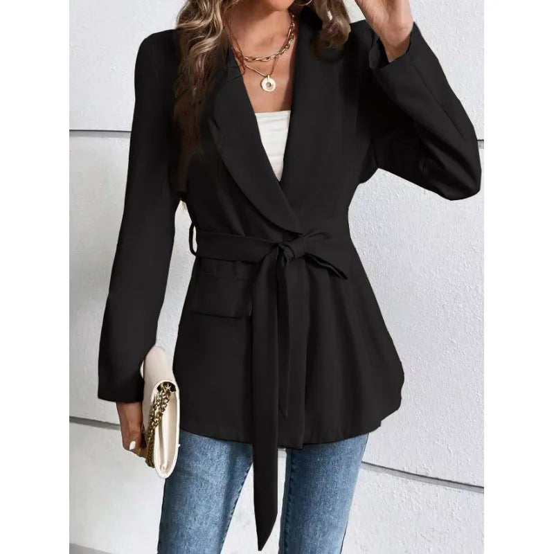 Fashionable Pure Color Long Sleeve Suit Jacket with Belt Waist Cinching Versatile Outerwear for Women Elegant Commute Style