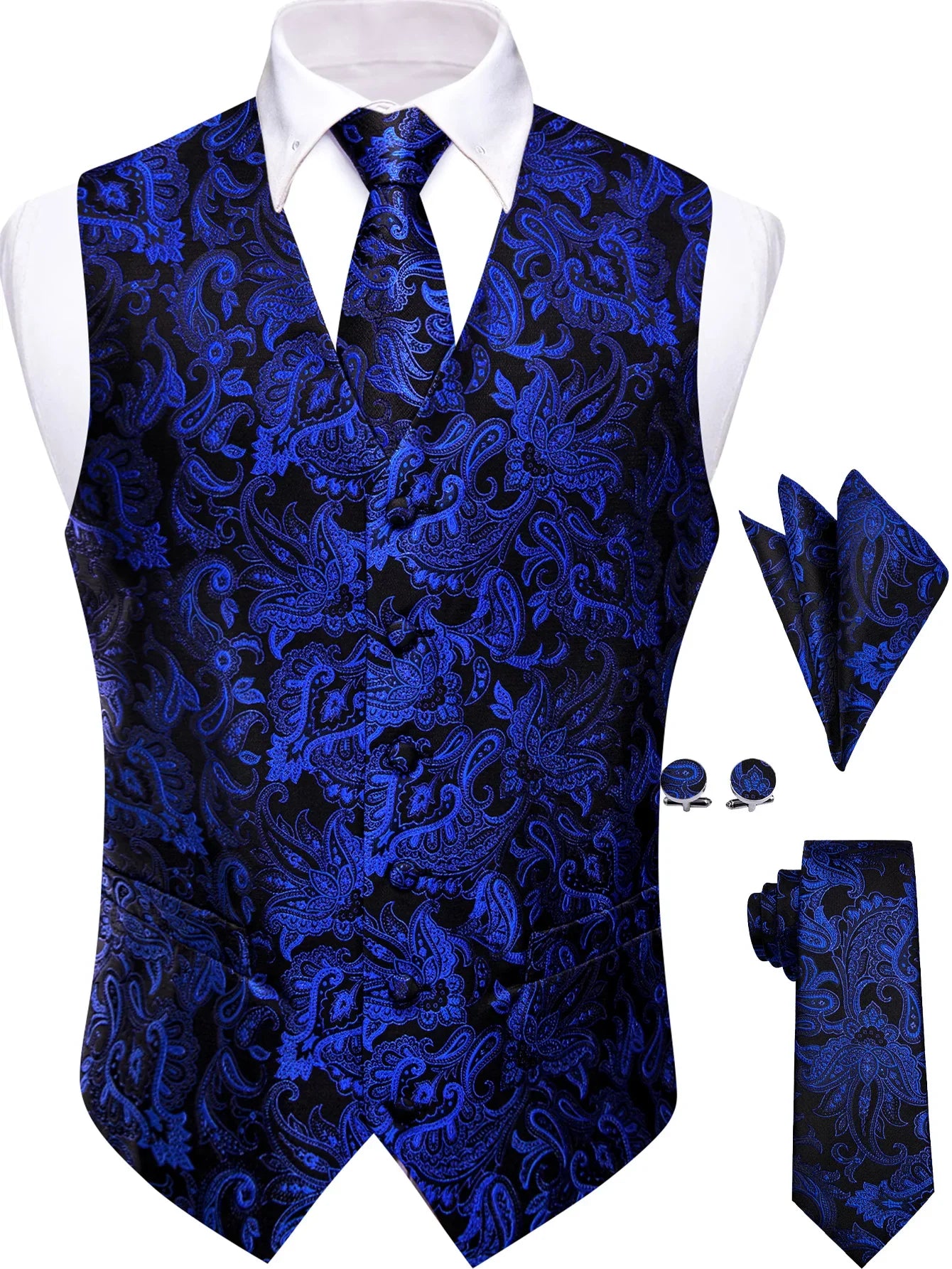 Mens Royal Blue Red Bronwn Orange Vest Tie Hanky Cufflinks Set Paisley Waistcoat Sleeveless for Male Wedding Busniess