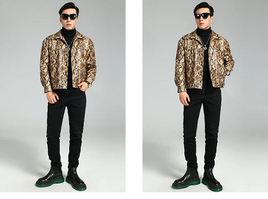 Autumn Short Handsome Cool Colorful Snakeskin Print Pu Leather Jacket Men Luxury European Style Clothes 2023 EU Size
