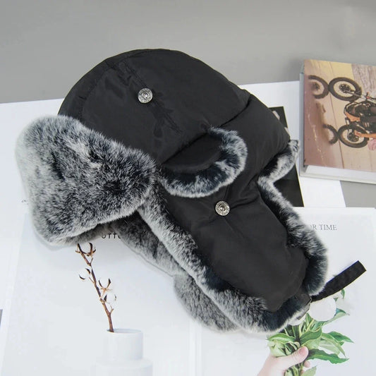 New Natural Soft Rex Rabbit Fur Caps Russia Winter Real fur Hat Men Outdoor Windproof Super Warm Real Rex Rabbit Fur Bomber Hats