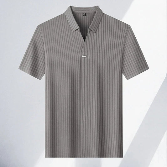 High quality personality texture stripe short sleeve polo shirt summer ice silk breathable buttonless men's solid color T-shirt
