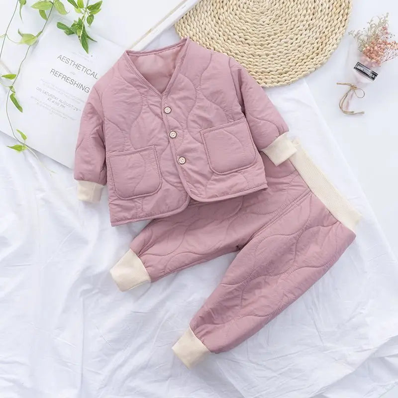 Autumn Winter Baby Kids Jackets+Pants Sets Thicken Boys Girls Coat Trousers Warm Windproof Clothes Suit For Children Home Wear