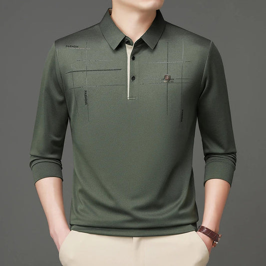 2025 Latest Autumn New Men's Long Sleeve Polo Shirt Middle Aged Business Comfortable Solid Color Men's Collar T-shirt