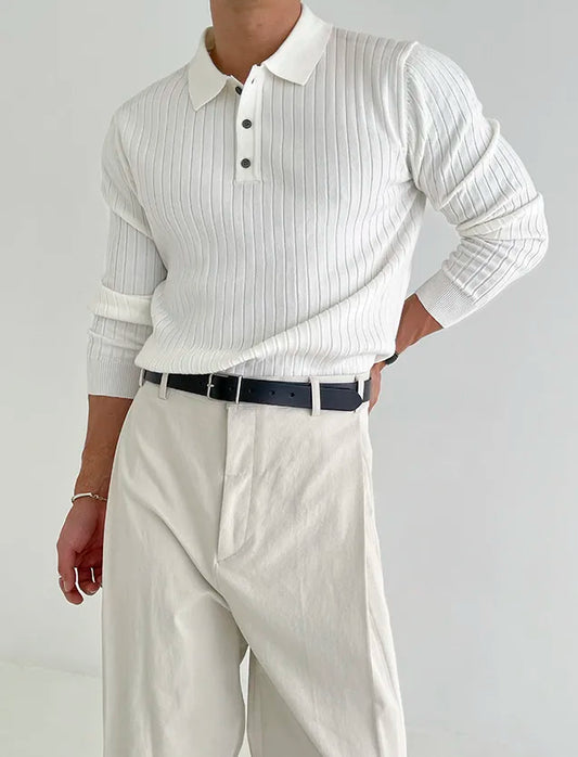 Striped Polo Shirt for Business and Casual Occasionsmen Breathable Stretchy Slim Knitted Pullover, Long-sleeve Sweater