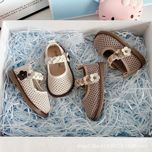 Girls Walking Shoes Lace Mesh Bows Kids Princess Shoes Non-slip Shiny Sequins 2025 New Children Flat Shoes Soft Sole Non-slip