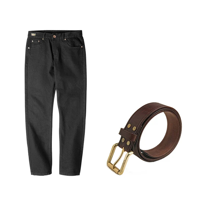 Men's Vintage 12.8oz Black Washed Denim Jeans Mid Rise Straight Classic Casual Zip Fly Pants for Autumn Versatile Trousers