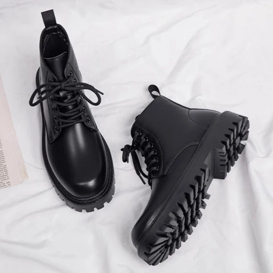 Black Men's Casual Leather Boots Fashion Winter Men Work Boot Mens Shoes Non-slip Designer High Top Ankle Boots Motorcycle Shoes