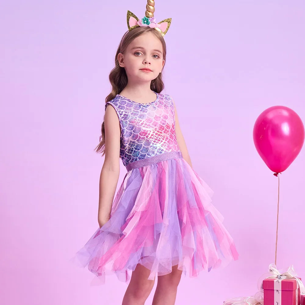VIKITA Kids Summer Sleeveless Dresses Girls Mermaid Dress Girls Birthday Party Tutu Mesh Mesh Layered Dresses Kids Clothes 3-8Y