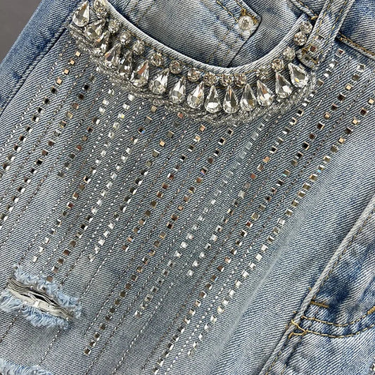 High Waist Wide Leg Jeans Women's Summer Loose Slimming Diamond Embedded Long Pants Break Hole Denim Pants Hong Kong Sle ...
