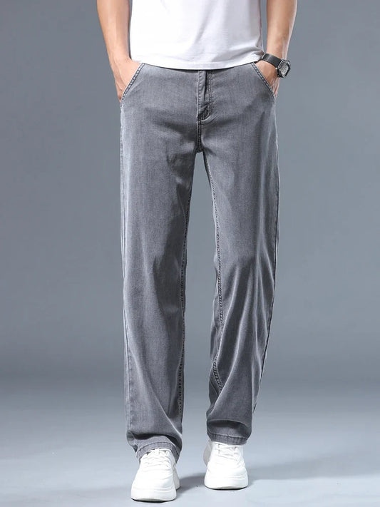 Summer Thin Men's Loose Straight Jeans Lyocell Soft Drape Business Casual Trousers Classic Smoke Gray Brand Ice Silk Pants