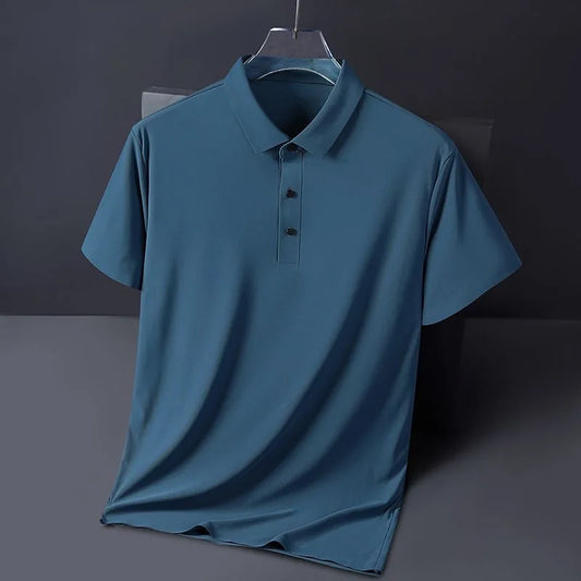 High quality wrinkle resistant ice silk short sleeve t-shirt men's summer Lapel loose casual solid color top high-end polo men