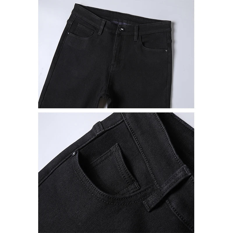 Plus Size Men's Solid Barrel Denim Pants For Spring Fall Casual Black Trendy Jeans For Men