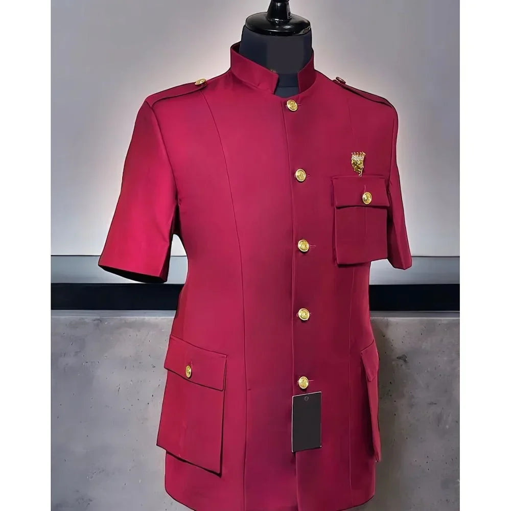 Safari Men Suits for Summer with Short Sleeve Single Breasted Casual Male Suit 2 Pieces Set Jacket with Pants Custom Made