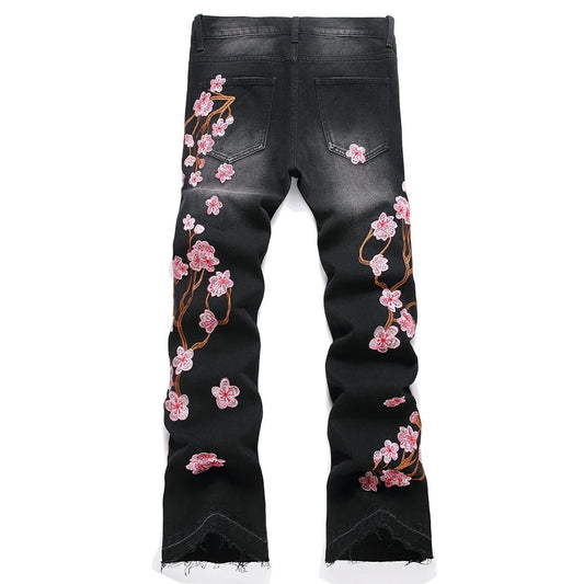 Men Sakura Embroidery Denim Jeans Streetwear Boot Cut Pants Released Hem Flared Trousers with Ripped And Cherry Blossom Design