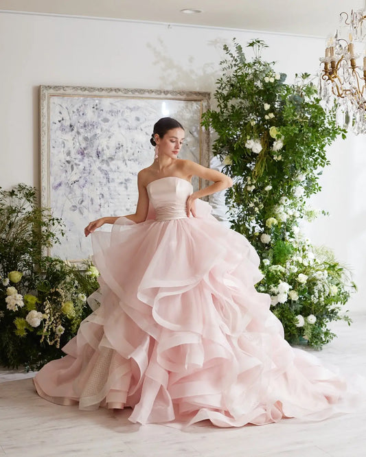Pink Elegant Prom Dresses Strapless Backless Prom Gown Pleating Ruffles Chic Woman Evening Dresses robe de bal Customized