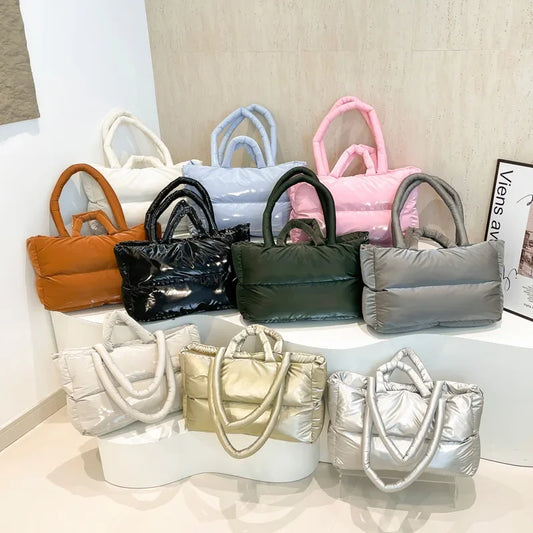 Fashion Large Capacity Puffer Shoulder Bags Padded Women Handbags Casual Nylon Quilted Big Tote Bag Warm Winter Shopper Purses