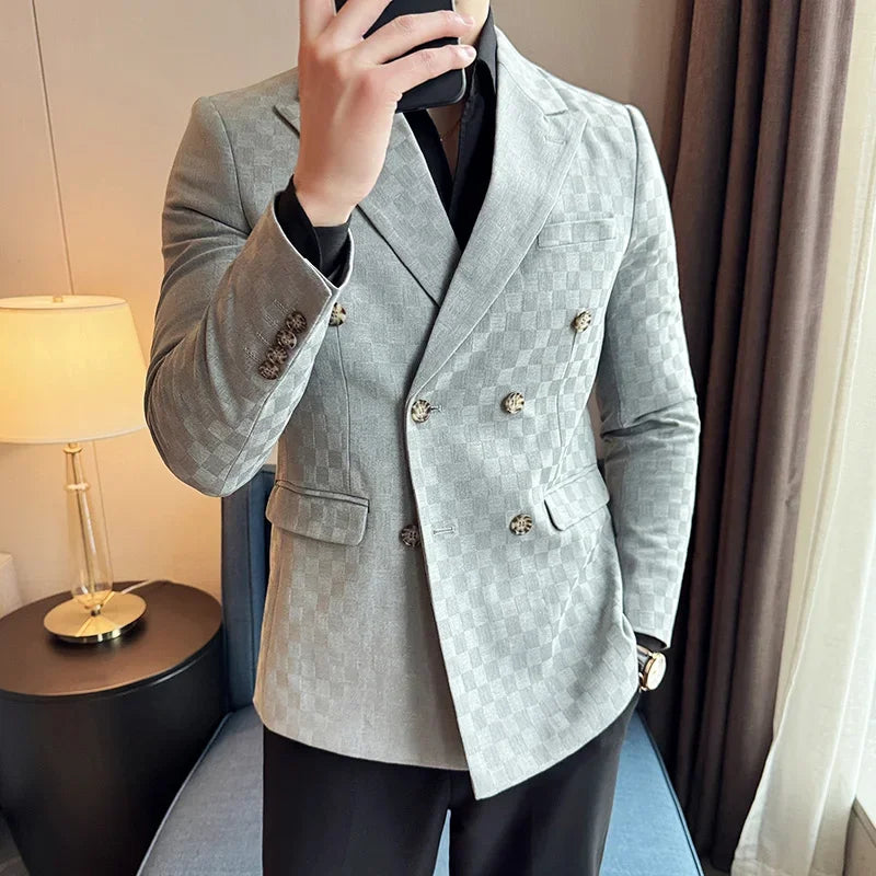 6 Color Fashion Double Breasted Plaid Suit Jacket Luxury Men Slim Fit Business Social Wedding Formal Suit Coats Plus Size 5XL-M