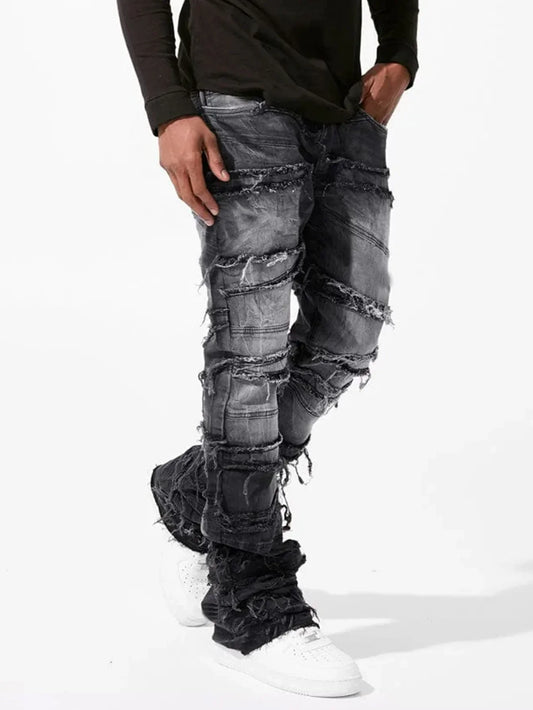 New Stacked Jeans Men Patchworks Spliced Denim Ripped Wash Frayed Pants Male's Streetwear