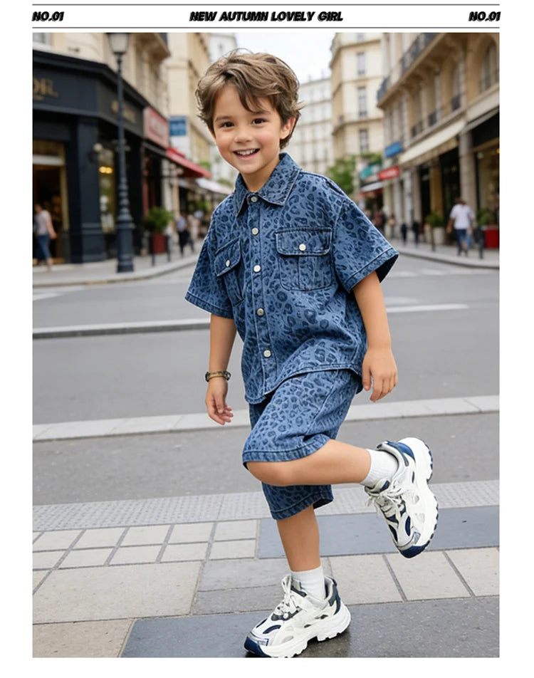 Trend Kids Boy Summer Leopard Denim Suit Two Piece Outfit Set y2k Denim Shirt And Shorts Clothing Set for Baby Child Streetwear