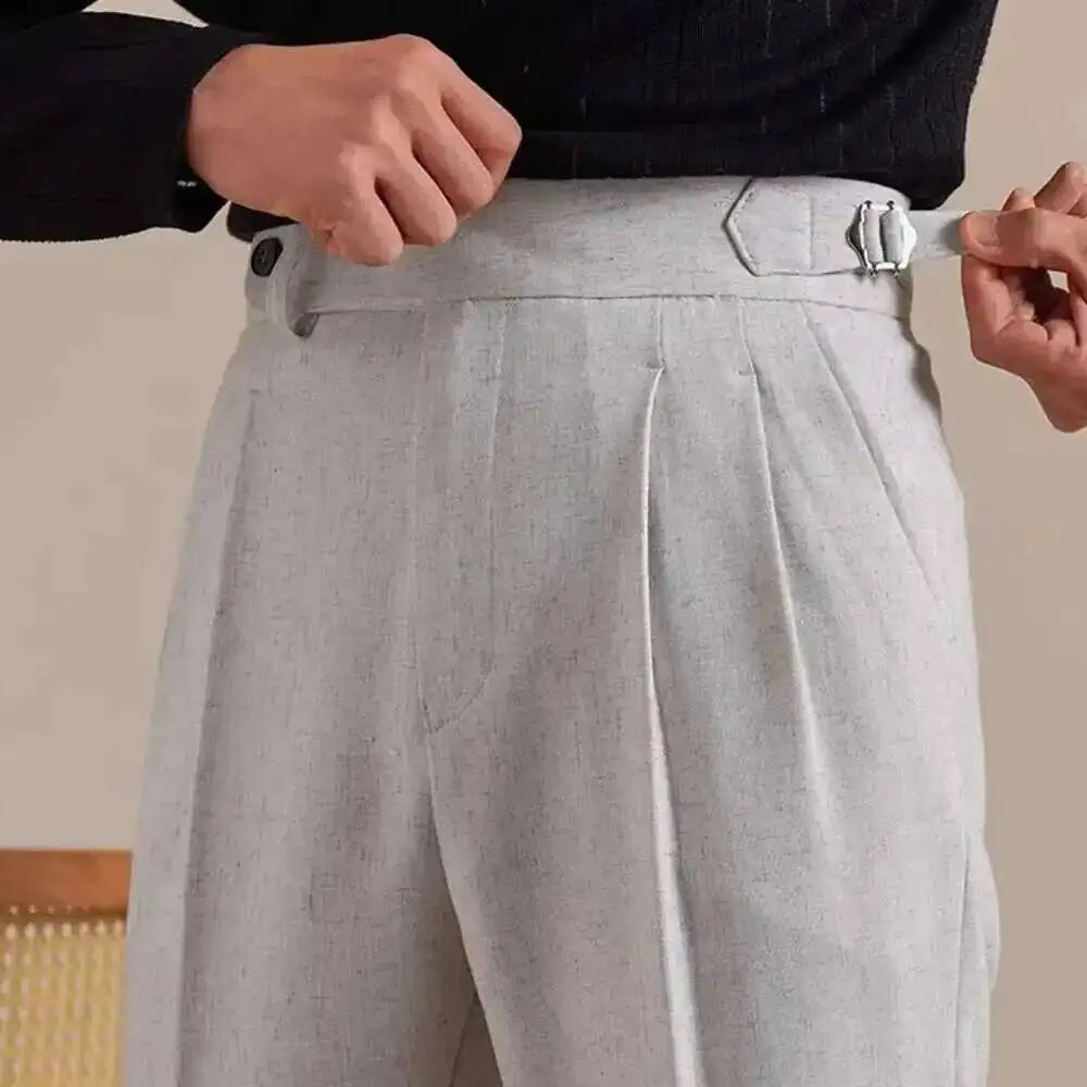 High Waist Linen Suit Pants Men Breathable Straight Leg Office Trousers Men Pantalon Costume Homme Men's Social Trousers