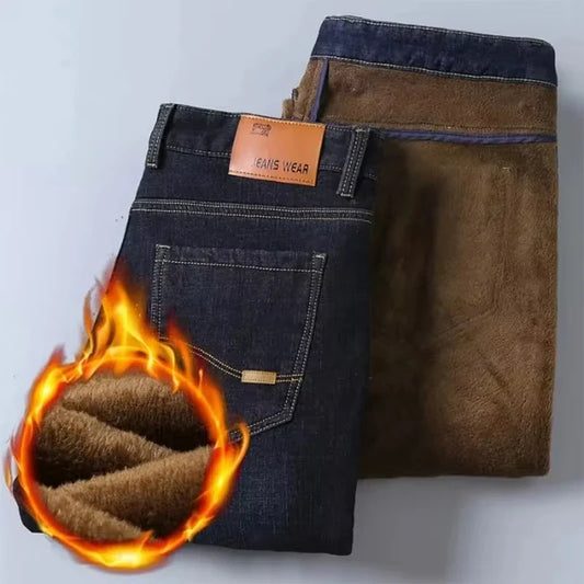Men's Reflective Fleece-Lined Jeans - Thick Warm Lining, Durable Denim & Reflective Trim, Safe for Winter Night Commute & Casual