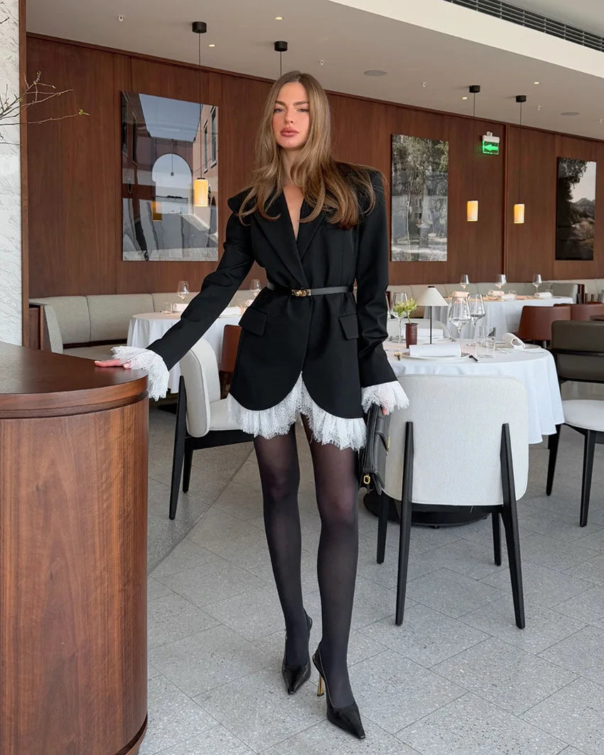 Elegant Lace Blazer Coat Women Fashion Office Lady Full Sleeve Single Breasted Jackets 2025 New Autumn Black Casual Slim Coats