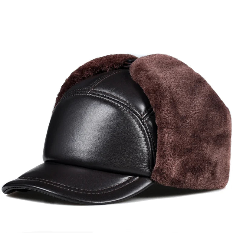 Winter Hat Men Genuine Leather Sheepskin Bomber Hat Earflap Black Warm Thick Ski Snow Windproof Male Russian Hat