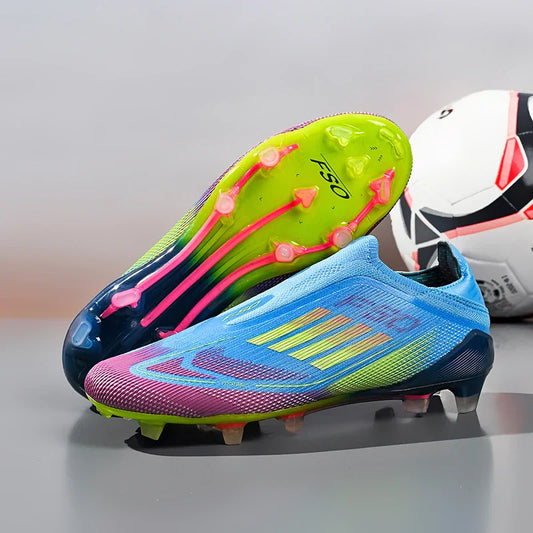 2712 Without-Lace Mens Soccer Shoes F50 SLIP-ON Non-Slip Turf Soccer Cleats Boys TF/FG Training Football Boots Chuteira Campo