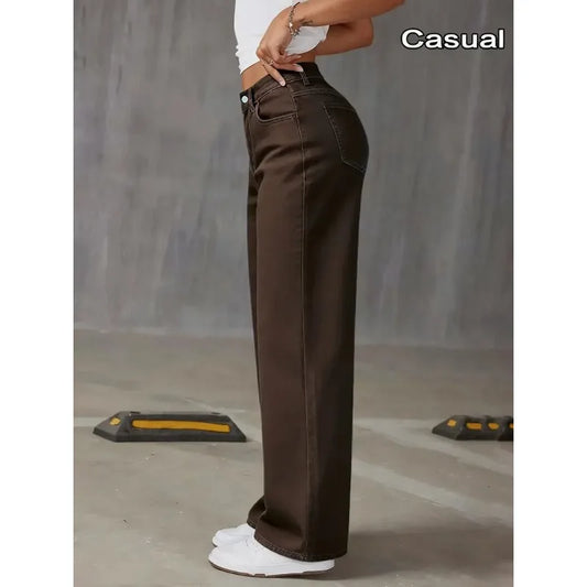2026 New Brown Stretch Wide Leg Jeans Women High Waist Loose Straight Denim Pants Streetwear Casual Vintage Trousers